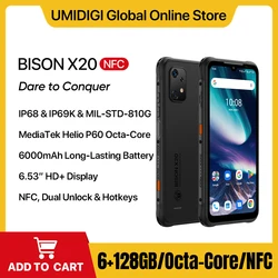 UMIDIGI-BISON X20 견고한 스마트폰, 6000mAh 배터리, NFC MTK Helio P60, 12GB(6 + 6GB)RAM, 128GB ROM, 6.53 인치 HD 안드로이드 13 휴대폰