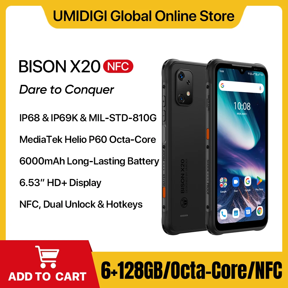 smartphone robusto 6000mah bateria nfc mtk helio p60 octa core 6gb 128gb 653 hd celular umidigi bison x20 01