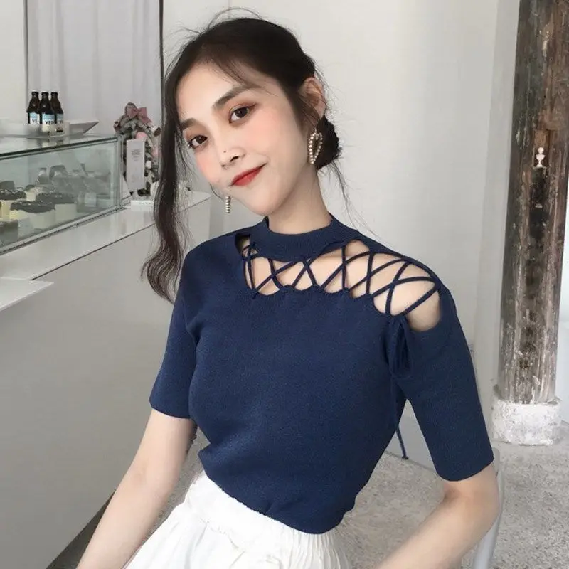 

Korean Style Chic Hollow Straps Off-shoulder Short-sleeved T-shirt Women's Base Shirt Summer Solid Color Slim Sweater Top
