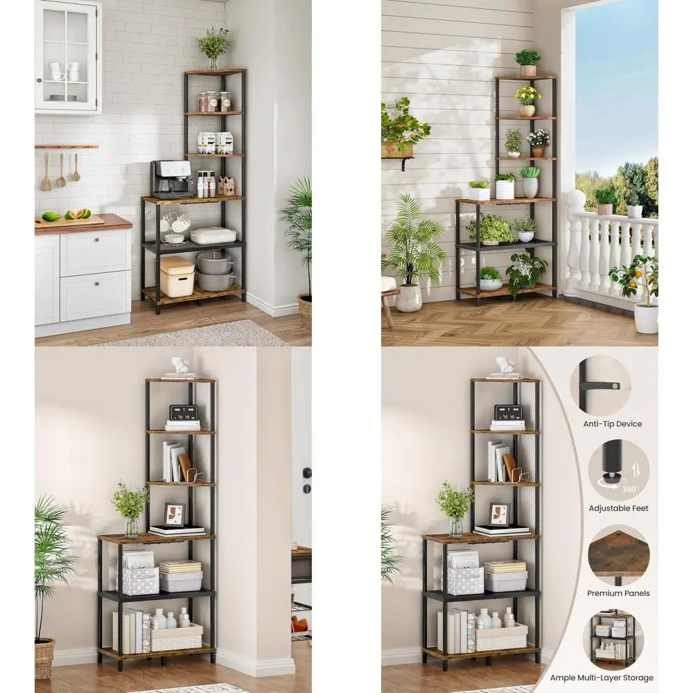 

6-ярусный промышленный книжный стеллаж с рабочей поверхностью, полки с ромбовидным дизайном для небольших помещений, подходит для гостиной и домашнего офиса, в деревенском стиле.