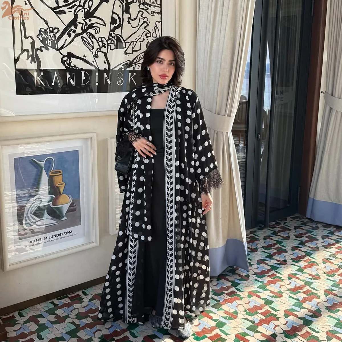 

Zahraa New Muslim Polka Dot Printing Chiffon Abaya Fashion Lace Sleeve Hijab Clothing Women Open Kaftan