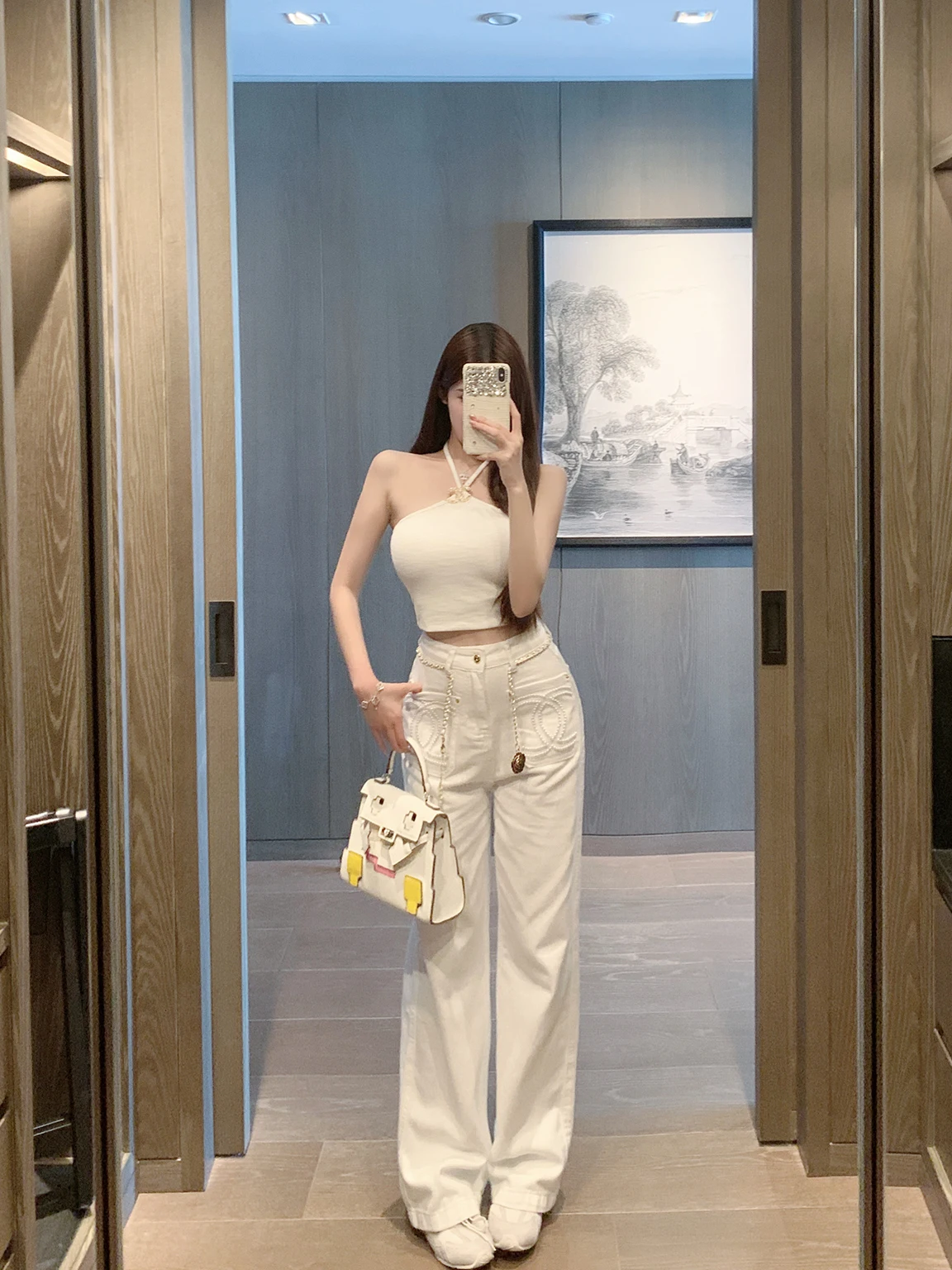 

Luna High Waist Straight Leg White Denim Jeans Women's Heavy Embelliment Dra Effect Faionable Ladies' Jeans