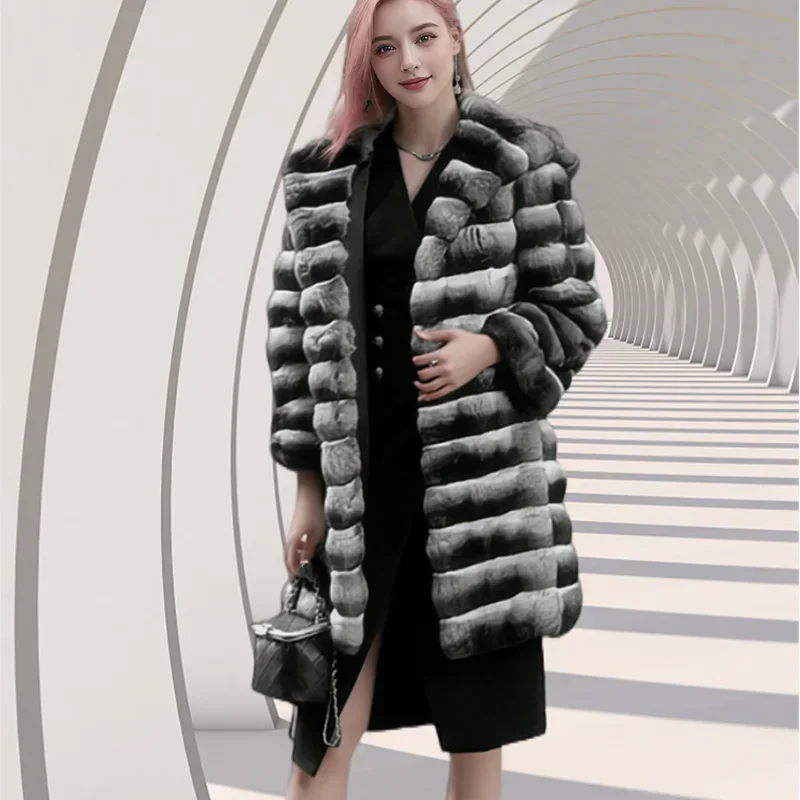 Women Faux Fur Coats Hooded Coat Thick Warm Elegant Splice Autumn Winter 2024 Striped Mid Length Jackets Casual Open Stitch