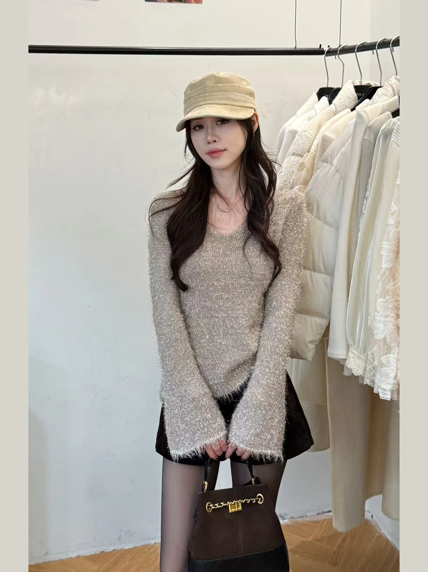 

Модный блестящий трикотаж свободного покроя, зимняя новинка, корейская версия, женский топ Faion Sle V-Ne Long Sve