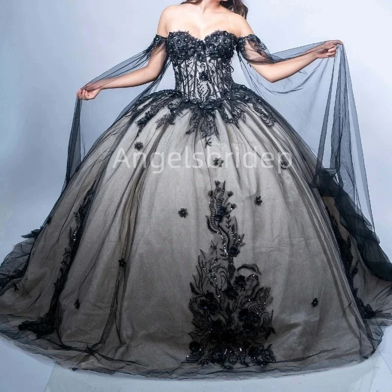 Angelsbridep-Elegante vestido de baile preto com apliques 3D, vestido Quinceanera, vestidos de festa, 15 anos