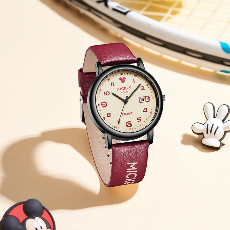 

Модные милые часы Disney Mickey Light для студентов с ретро-календарем - подарочная коробка с кварцевым ремешком для часов