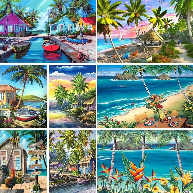 Tropical Beach Landscape 5D DIY Diamond Painting Kit, Hawaiian Island Art Diamond Embroidery Painting, Full Drill,Decor Gifts