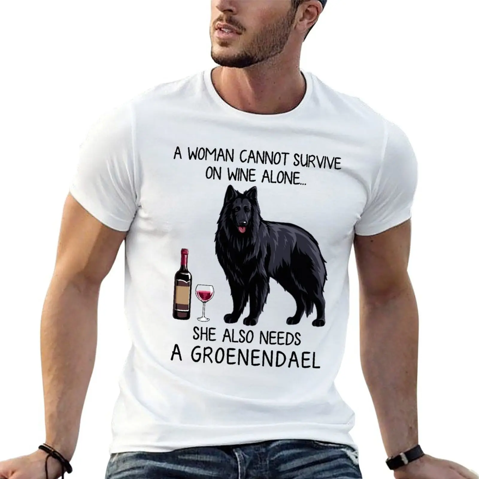 Camiseta Groenendael con diseño de perro y vino, regalo divertido para mamá de perros, camiseta esencial, camiseta lisa para hombre, camiseta informal para hombre