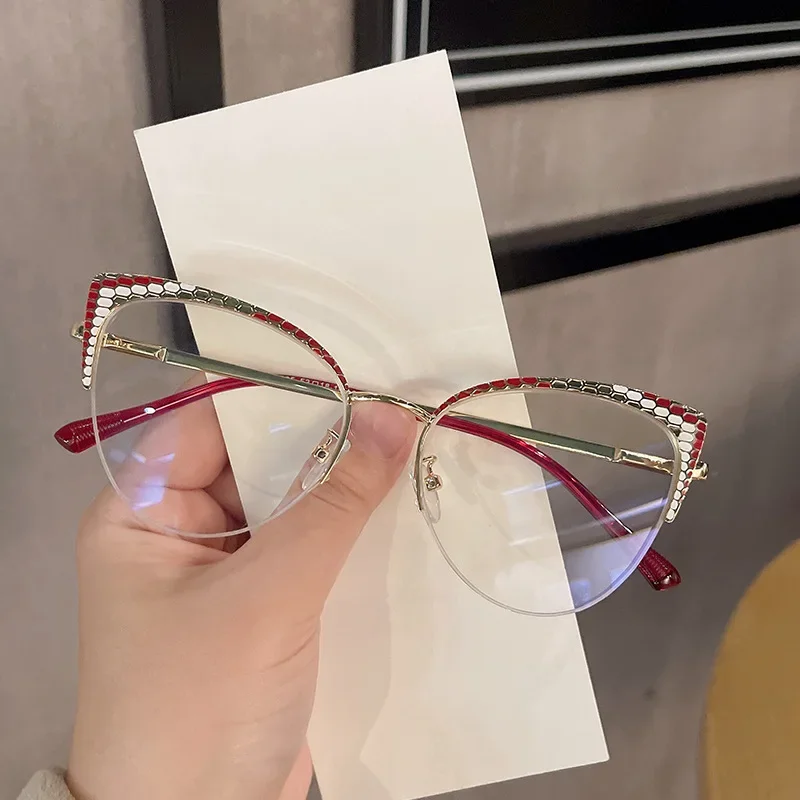 

2025 Cat's Eye Half Frame Anti-blue Light Level Eyeglasses Female Ins New Snakeskin Pattern Metal Glasses Frame Computer Goggles