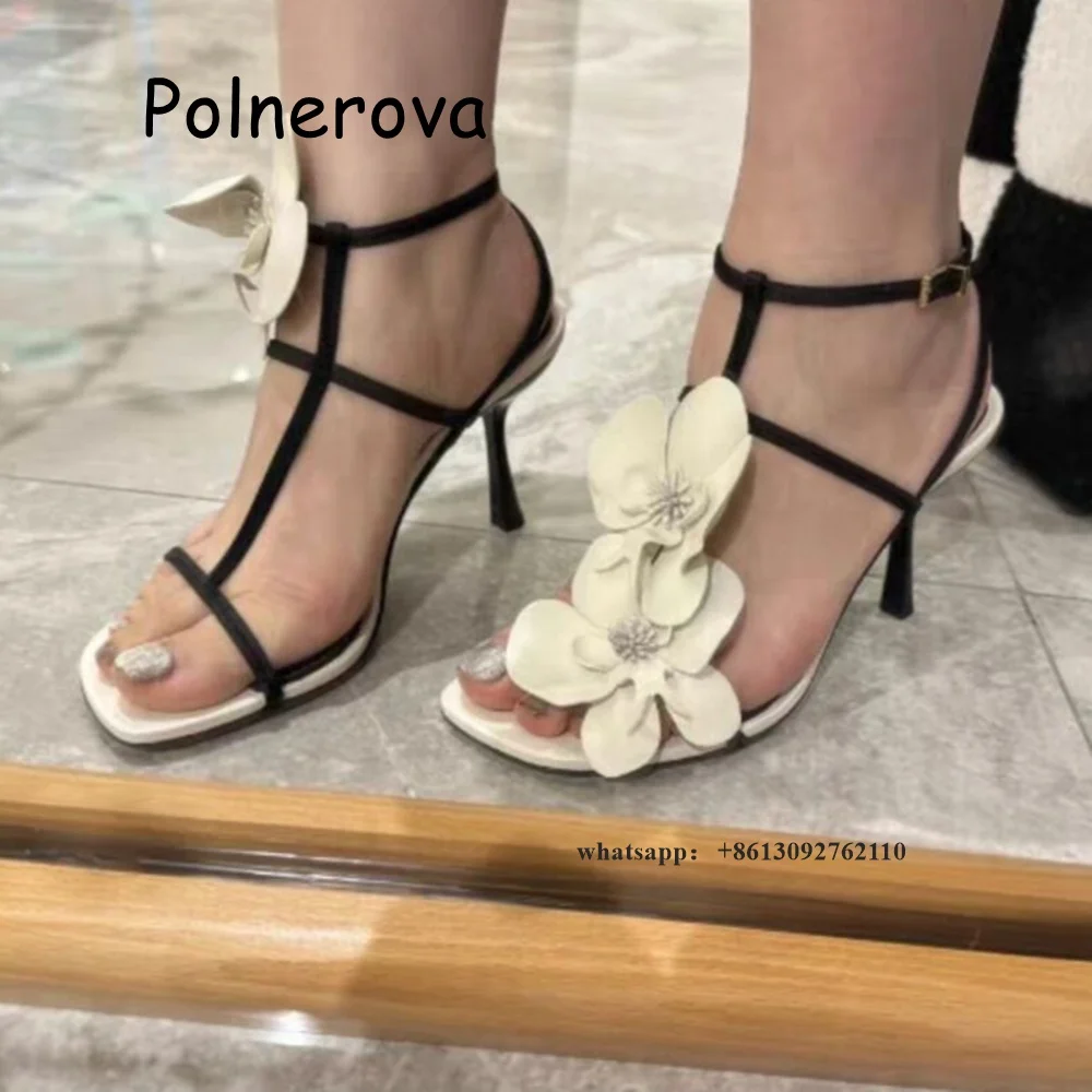 

White Flower Sandals Open Toe One Word Belt Women's Shoes Summer Casual Party Thin High Heels Design Ladies Fashion Sandals