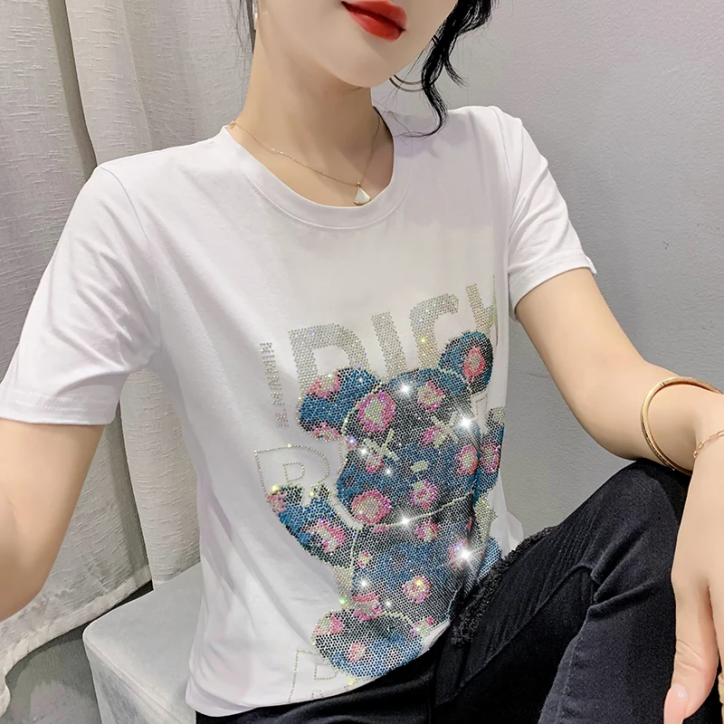 Black Summer Korean Clothes T-Shirt Chic Sexy Shiny Diamonds Cartoon Dear Women Tops Short Sleeve Hand Made Tees 2024 New 43144