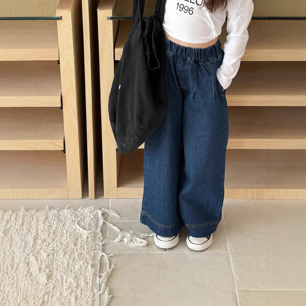 

Straight Leg Pants Wide Leg Casual Pants Jeans Blue Kids Clothing Girls Autumn New Korean Edition Solid Color Loose Children