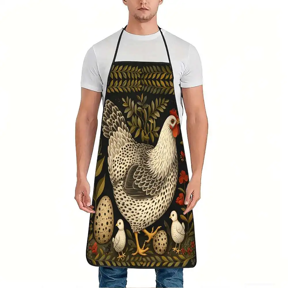 Country Folk Art Hen Baby Chick Egg Plant Floral Pattern Waterproof Apron For Farm Family Baking Grilling Rural Party Present