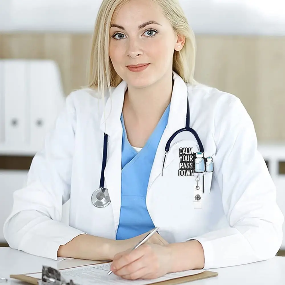 Glitter Nurse Retractable Badge Reel Acrylic Letter Name Card Holder 360 Rotating Alligator Clip ID Card Clips