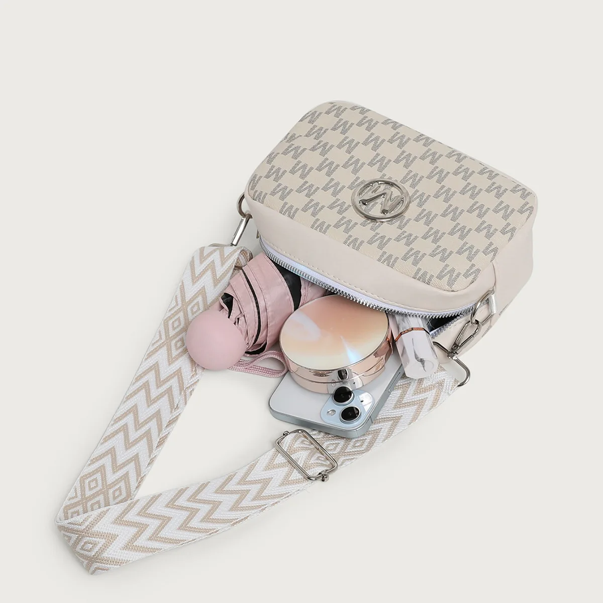 Damen-Umhängetasche im Retro-M-Muster-Design, stilvolle Damen-Umhängetasche, Handy-Geldbörse mit breitem Riemen für Damen, Arbeit, Party, Datum – Detail 5