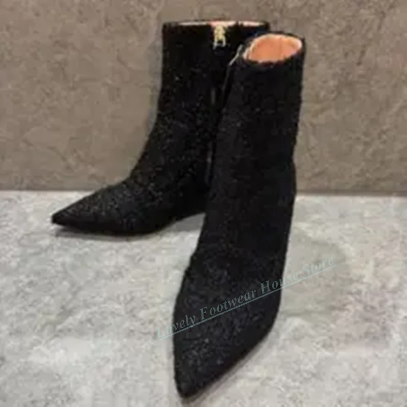 

Men Luxury Full Crystal Ankle Boots Male Side Zipper Square Heel Black Shoes Spring Autumn Pointed Toe Short Boots For Men