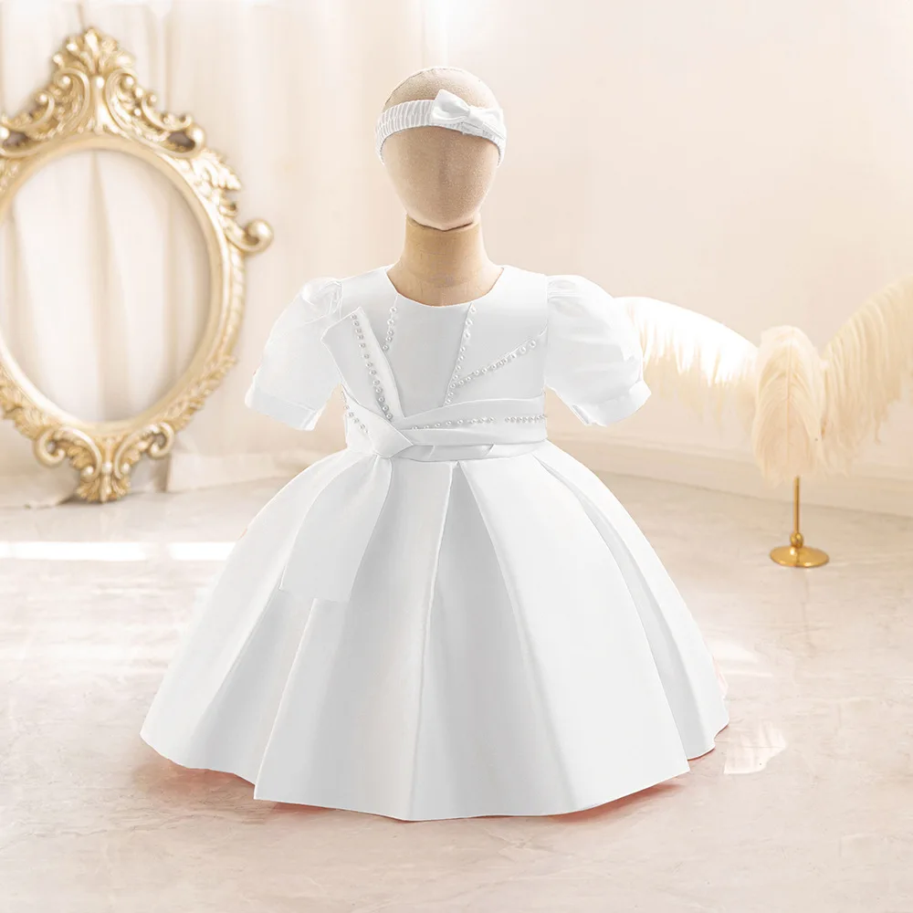 HETISO Baby Princess Dress with Headband Beading Girls Christmas Satin First Birthday Party Ball Gown Fashion Belt 1-5 Years