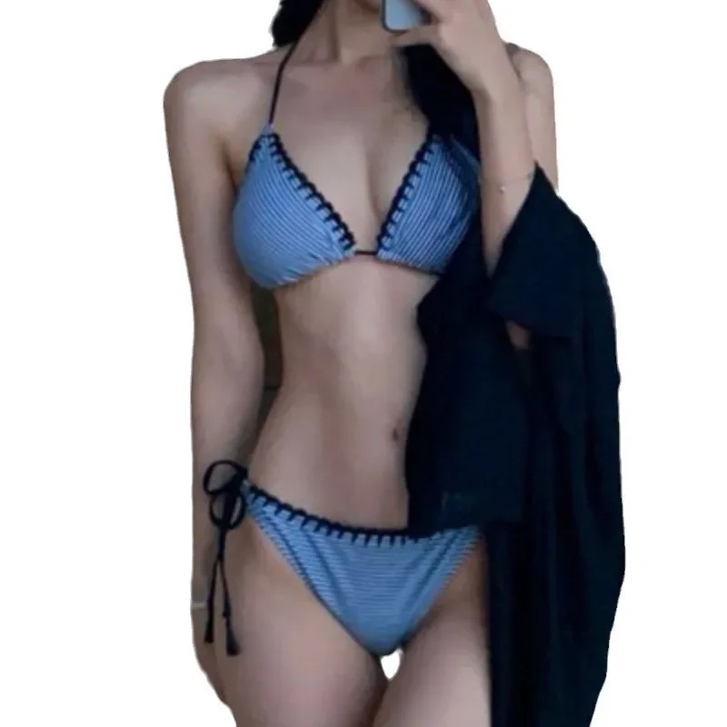 New Sexy Blue Strings Triangle Bikinis Two Pieces Swimsuit Women Swimwear Beach Wear Bathing Suits Korean Bikini Set Holiday