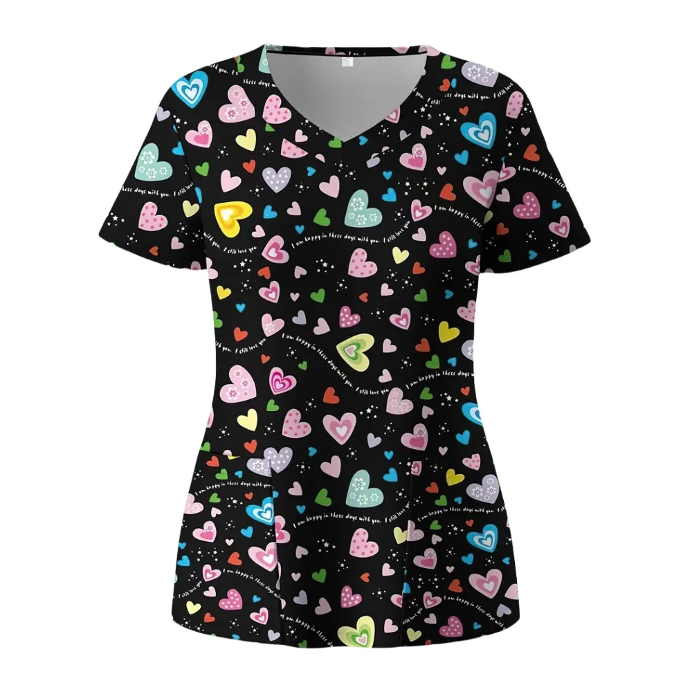 Surgical Uniforms Woman Fashion Heart Print V-Neck Patch Pocket with Micro-Stretch Nurse Short Sleeves Clinical Uniform Woman