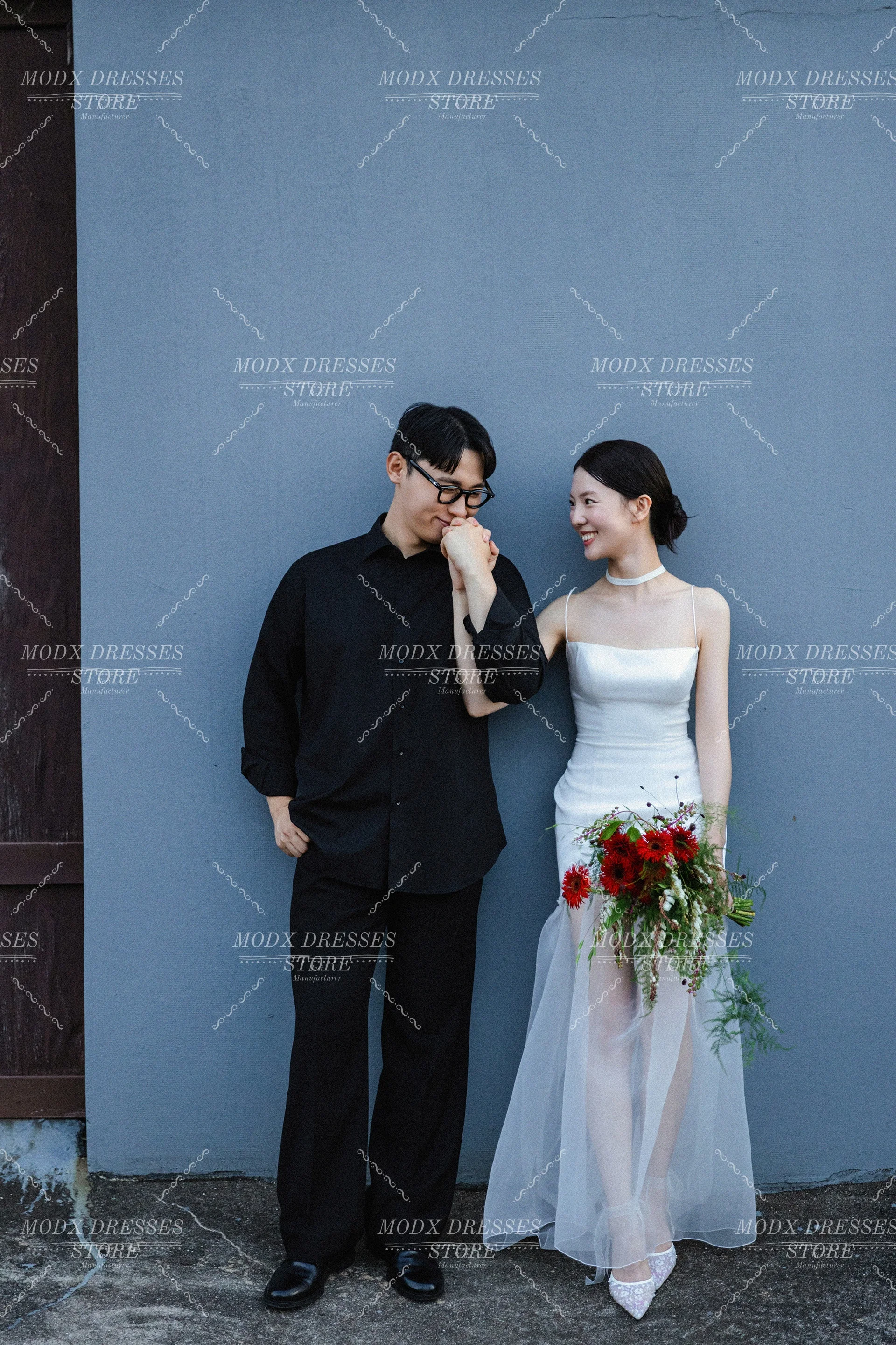 MODX-vestido de Novia coreano de tul con ilusión Simple, vestido de Novia con tirantes finos, largo hasta el suelo, personalizado