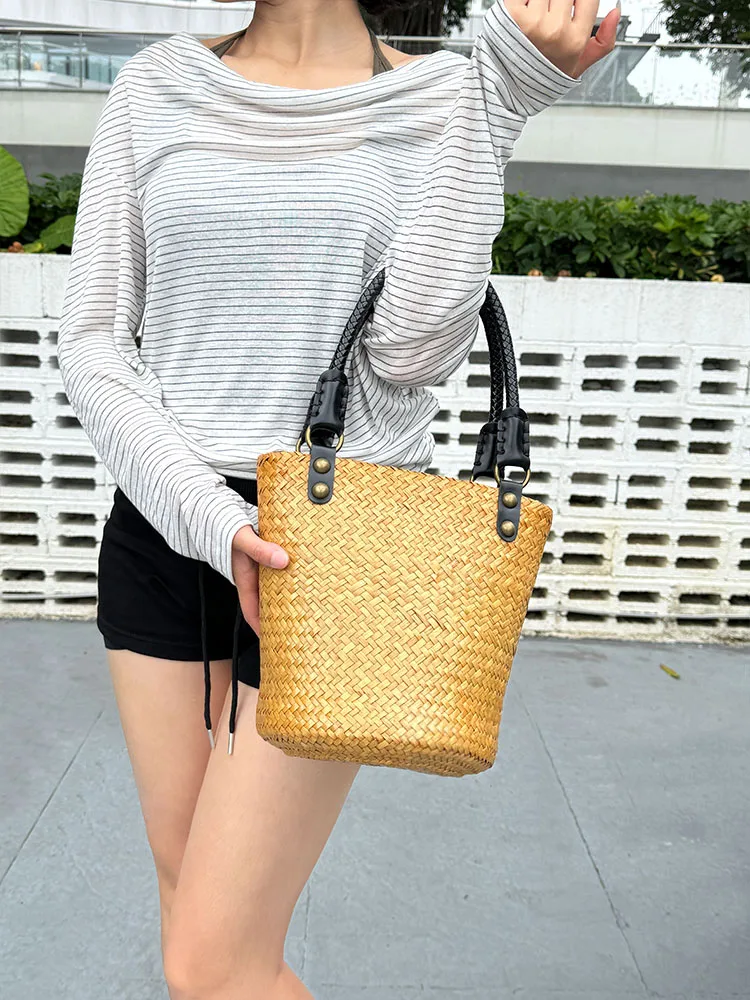 retro-wooden-love-bucket-woven-bag-casual-beach-vacation-handbag-women's-straw-bag-medium-hardness-cotton-shoulder-bag
