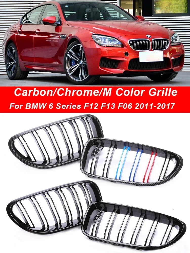 M6 Style Kidney Grill For BMW 6 Series F12 F13 F06 Coupe Carbon Fiber Look M Color Chrome Black Double Slat Grille 650i 640i640d