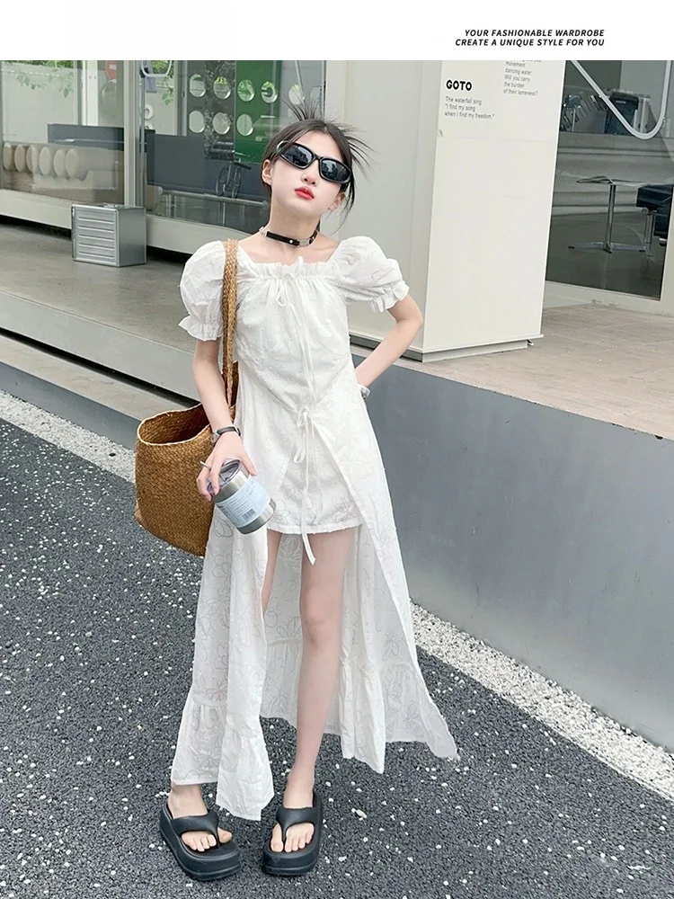 プリンセスドレス夏ファッショナブルな女の子スカート薄いビーチドレスハイウエスト半袖バブルスリーブピュアカラー韓国スタイル