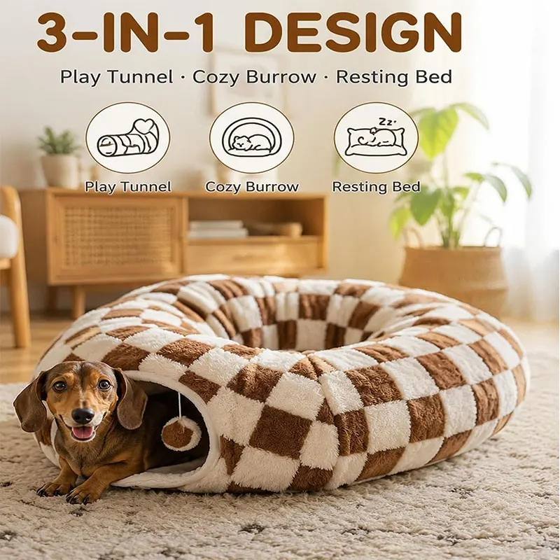 Cat Tunnel Bed Round Donut Pet Nest Collapsible Detachable Plush Fluffy Cat House Indoor Interactive Play Pet Supplies Custom ﻿