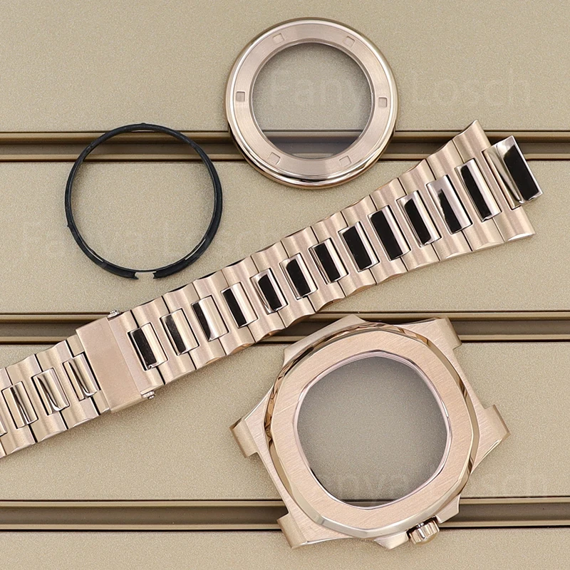 Rose Gold 40mm Watch Case Bracelet Set Sapphire Crystal Glass For Nautilus Seiko NH34 NH35 NH36 NH38 Movement 30.8mm Dial Parts