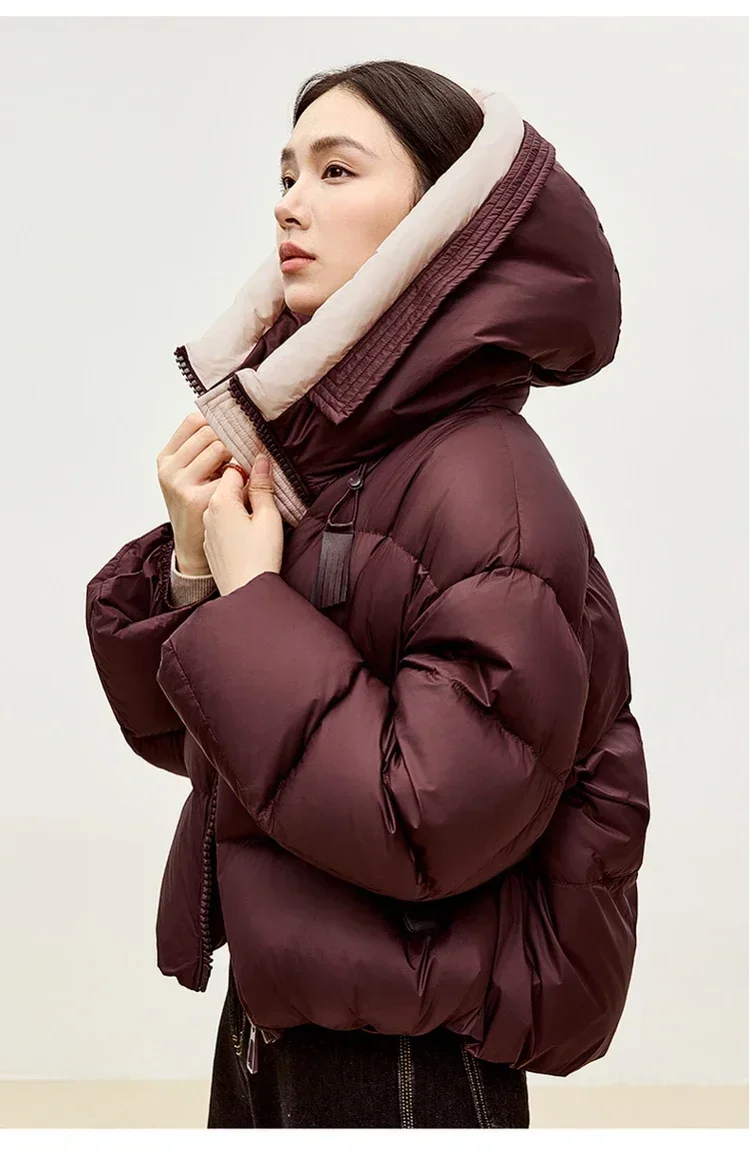 SENTUBILA Hooded Short Down Jacket Women 2024 Winter 90% White Duck Down Short Coats Woman Stand Neck Zipper Outerwear W44Y56085