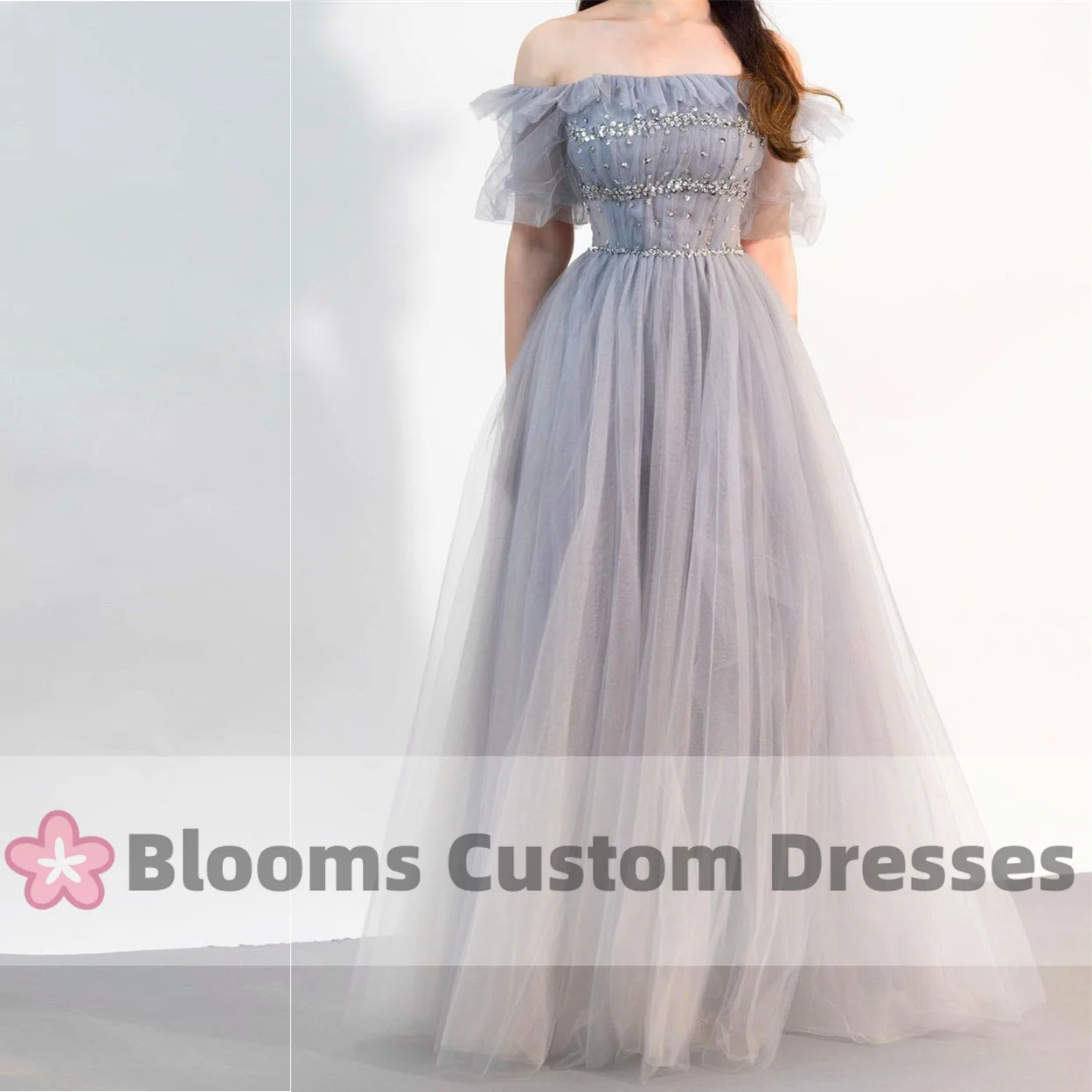 

Blooms Off Shoulder Tulle Prom Dresses A-Line Elegant Women Sequins Beads Evening Dress 2024 Formal Homecoming Party Gown
