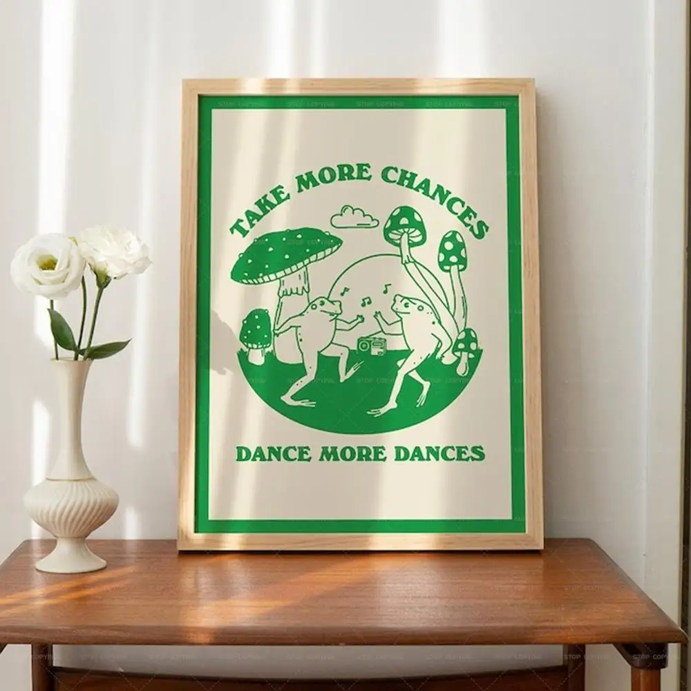 Cute Mushroom Cottagecore Dancing Frog Retro Self Care Quotes Wall Art Canvas Painting Posters For Living Room Home Decor