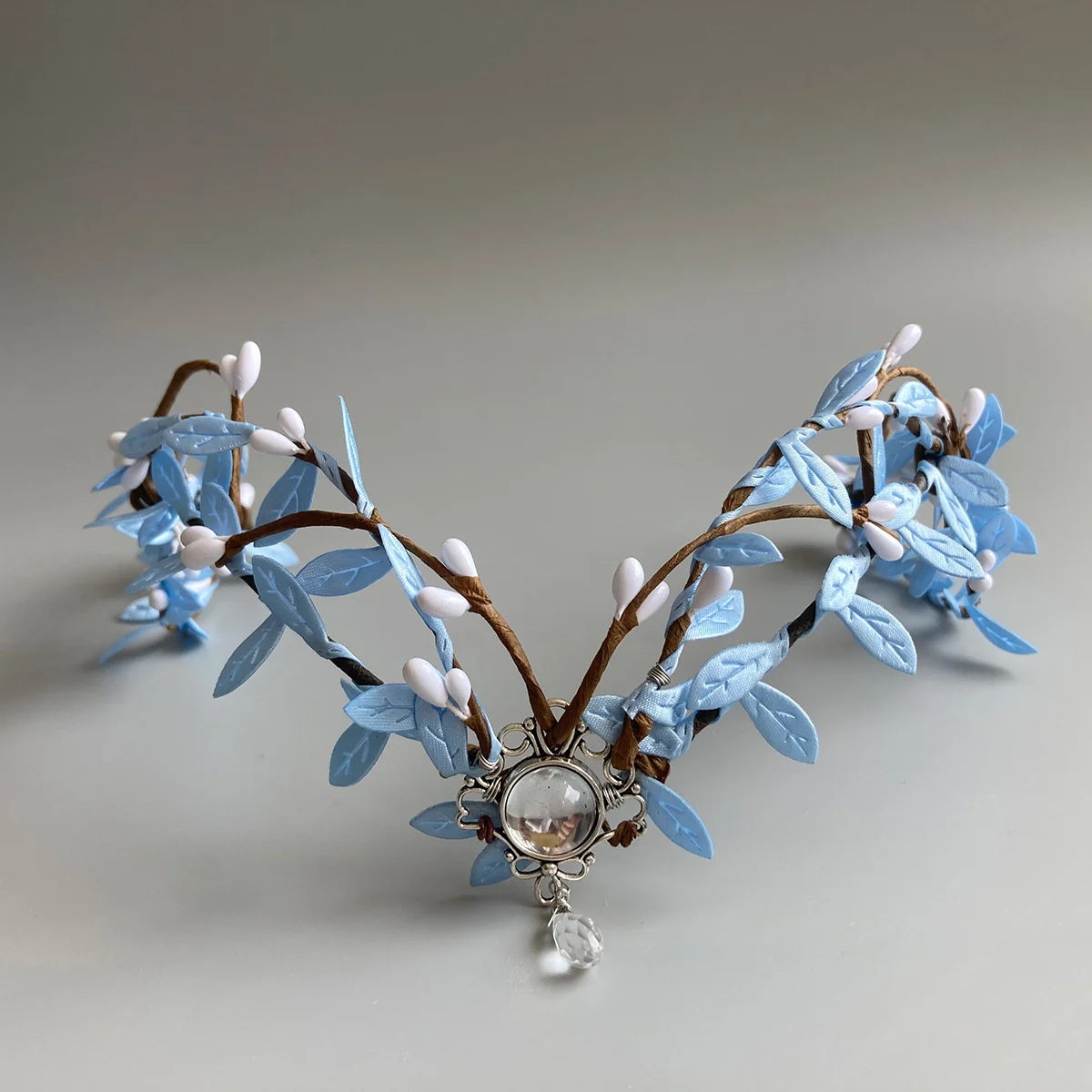 White Gem Woodland Fairy Crown ELF Tiara Boho Bridal Headband Blue Leaves Elven Headpiece Fairy Costume Circlet Renaissance