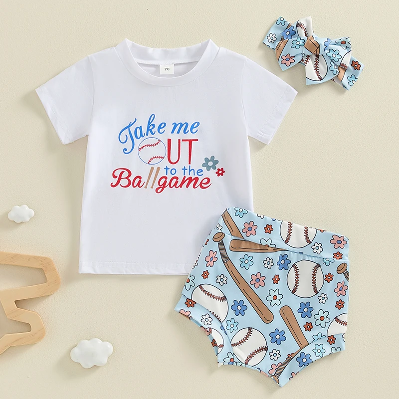 T-shirt à Manches Courtes et Col Ras du Cou pour Bébé Fille, Tenue de Baseball avec Lettres Imprimées, Bandeau de Sauna Court pour Nouveau-Né, 3 Pièces