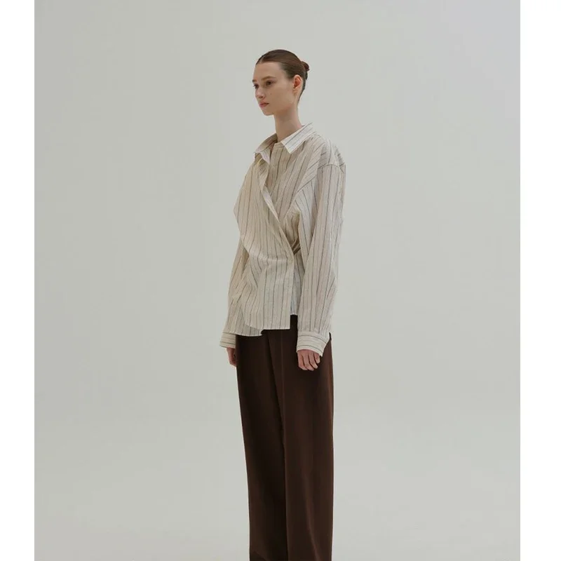 Women L0W CL@SSIC Casual Loose Striped Shirt 2023 Autumn and Winter Long Sleeve Irregular Shirt Tops Blouse Women Y2K Clothes