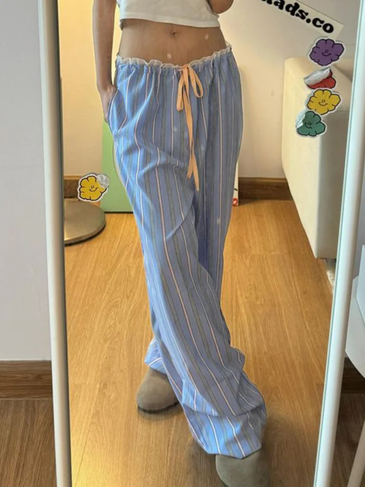 

Women's pants Summer Autumn New Vacation Lazy Style Color Striped Casual Trousers Lace Lace Splicing Waist Head Straight Pants