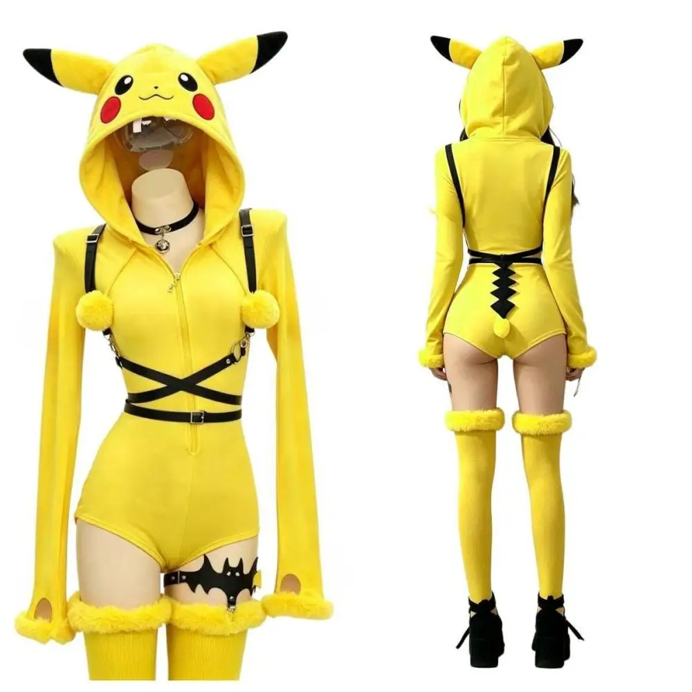 Anime Pikkachu Cosplay Costume Women Sexy Hooded Bodysuit Tail Socks Suit Girls Cartoon Plush Jumpsuit Uniform Halloween Gift