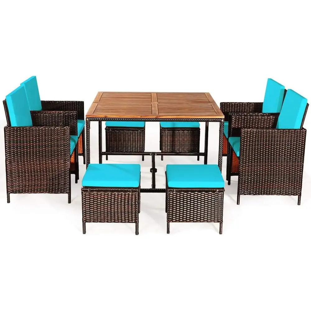 9PCS Outdoor Acacia Wood Patio Dining Set with Cushions, Wicker Chairs and Ottomans for Backyard, Garden, or Poolside