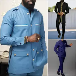 2024 New in African Men Suit Solid Color Button Jacket and Suit Pants 2 Piece Set Wedding Business Setting Men Sets