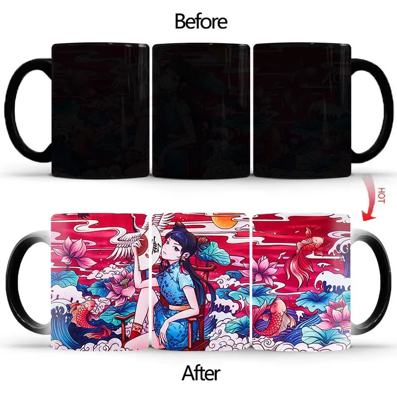 Cheongsam Beauty Color Changing Mug Coffee Cup Ceramic Mugs Thermo Cup for Tea Sublimation Cups Drinking Utensils Ceramics Funny