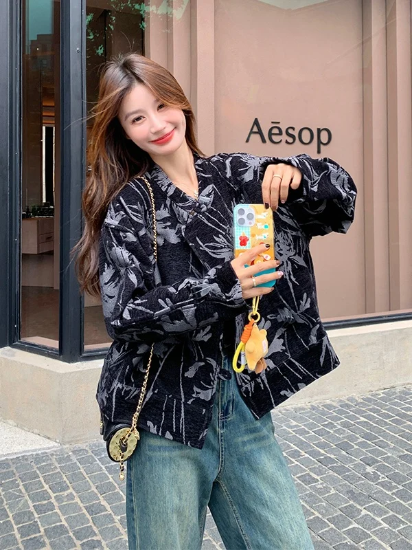 

Ele Bla Floral Print Jaet Women's Faion Korean Sle ort Coat Thiened Long Sve Stand Collar Button Closure