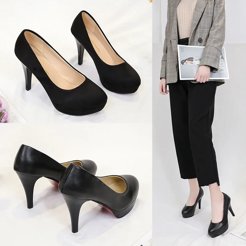 High heels for women, slim heels for versatile girls, round toe waterproof platform, etiquette black formal professional shoes