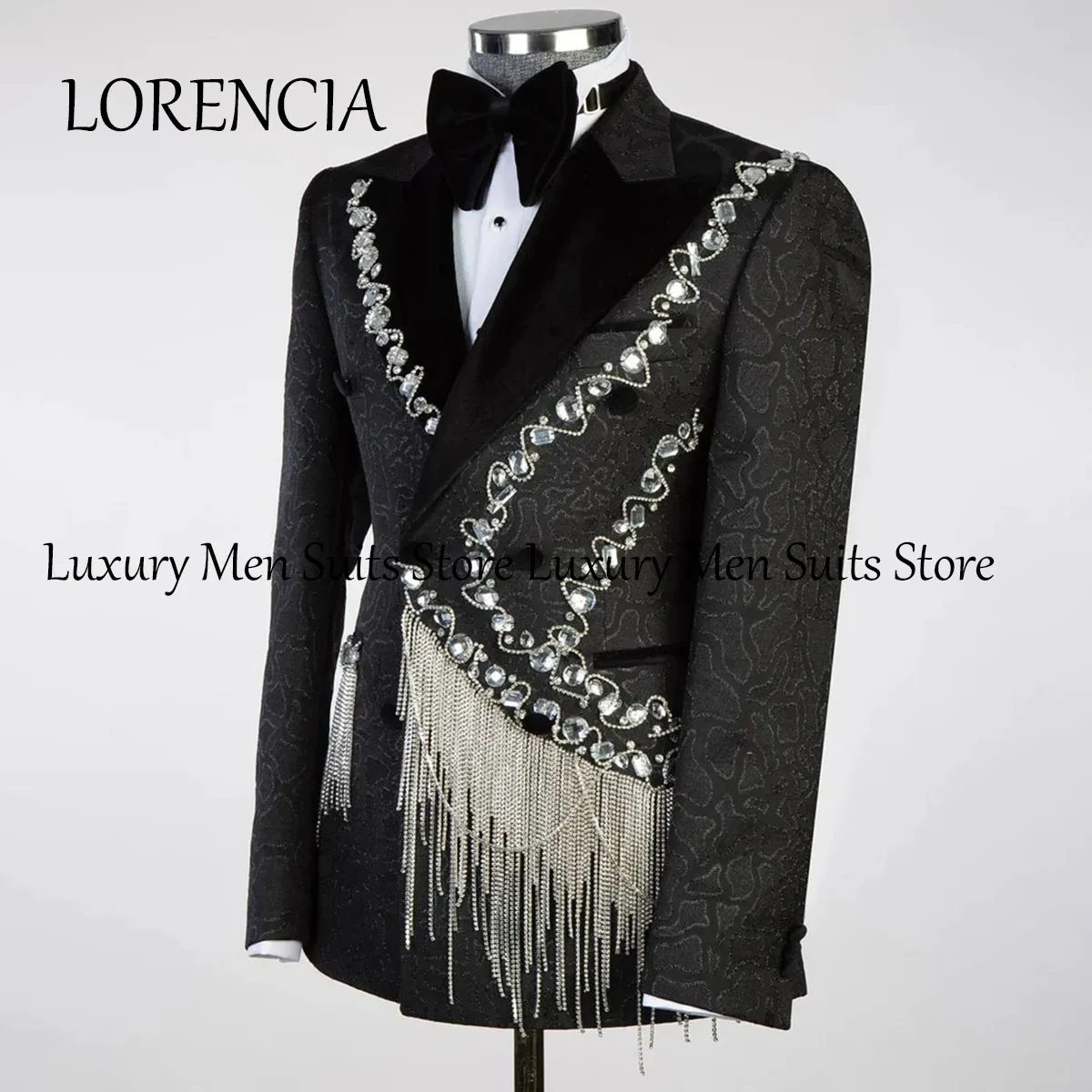 Sparkly Bead Crystals Men Suits Tassel Slim Fit Groom Wedding Tuxedos 2 Pieces Sets Bridegroom Prom Blazers Terno Masculino