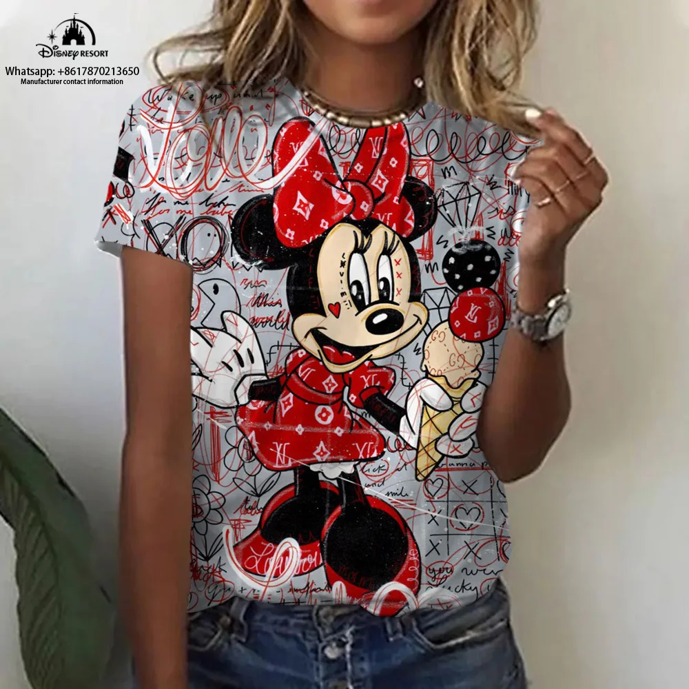 Bequemes Damen Kurzarm T-Shirt niedlichen Mickey Minnie Cartoon Kurzarm T-Shirt 2024 Sommer Mode lässig T-Shirt