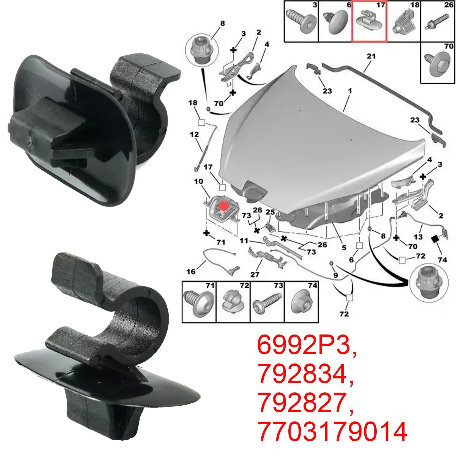 Für Peugeot 206 306 407 3008 Partner Hood Bonnet Rod Support Stay Clip Halter Fastener Retainer 6992P3 792827 2/4/8/20 Stück – Detail 4