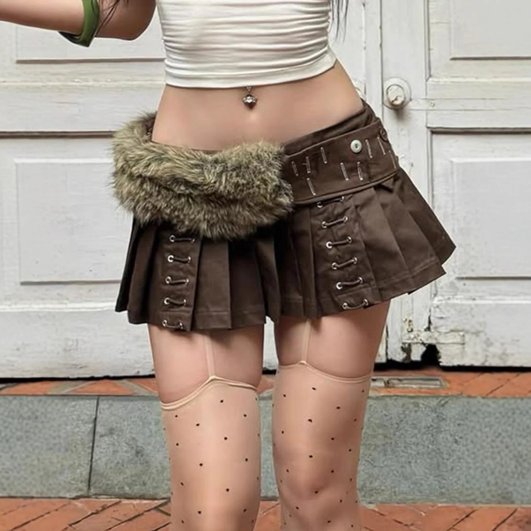 Street Spice Girl Style Belt Splicing Skirt Wide Waist Head Strap Side Zipper Pleated Skirt