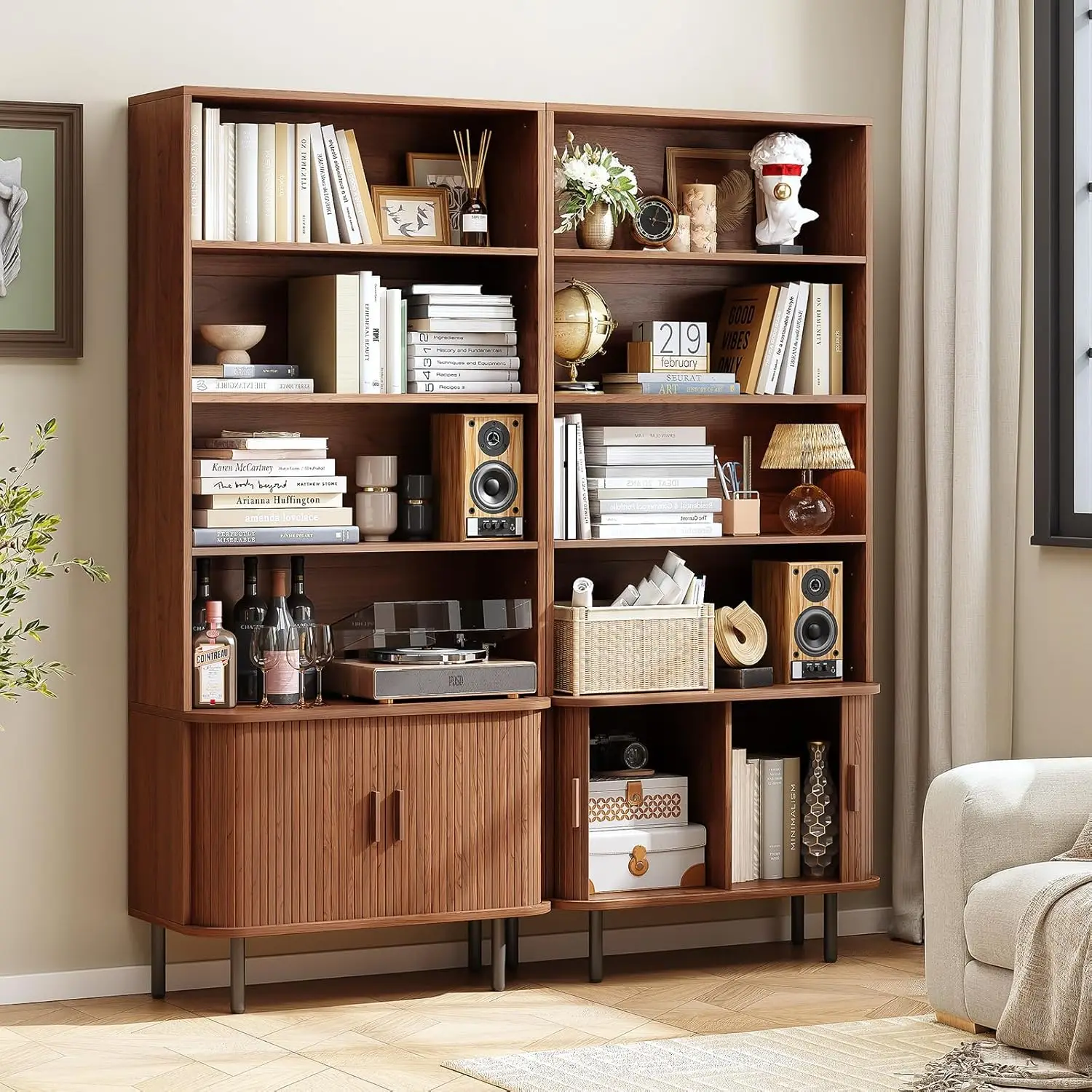 71" Tall Bookshelf, 4-Tier Bookcase with Storage Cabinet & Adjustable Storage Shelves, Sliding Door and Adjustable Footpad