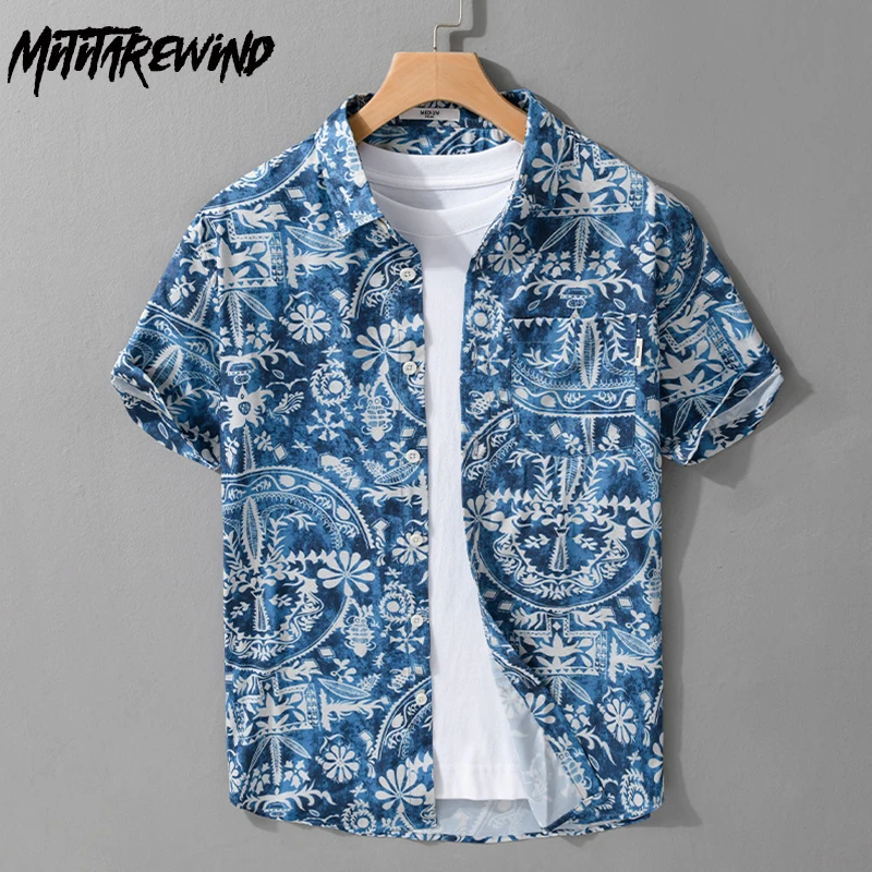 Summer New Short Sleeve Printed Shirt Men Holiday Tops Beachwear Hawaii Shirt Men Pocket Casual Shirt Japanese Fashion Clothing