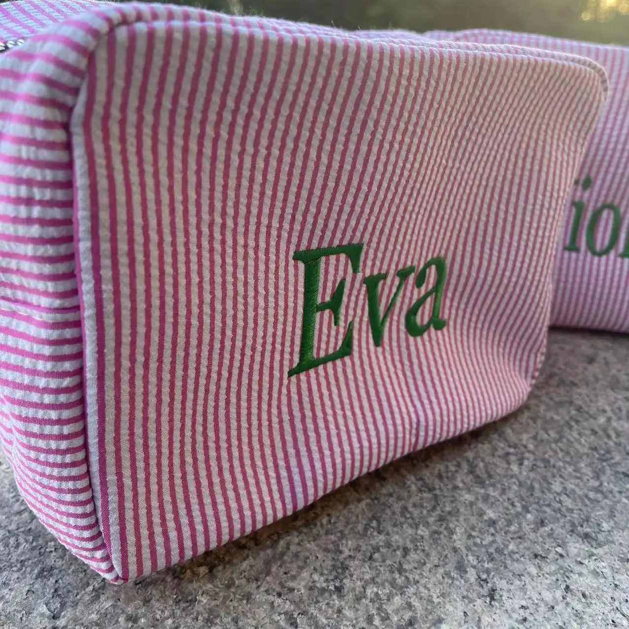 Seersucker Striped Cosmetic Bag For Women, Portable Travel Toiletry Bag With Personalized Embroidered Name, Makeup Storage Bag