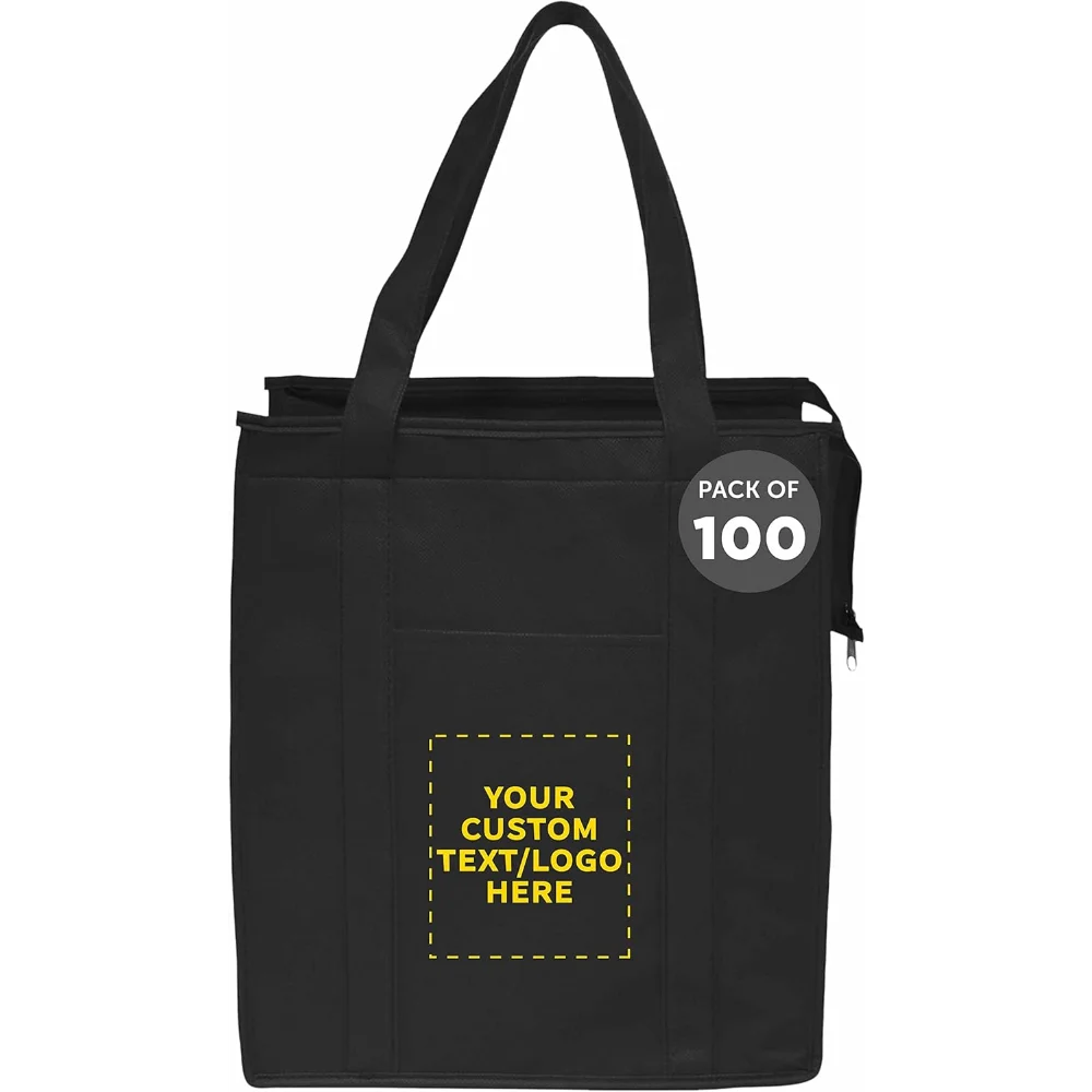 

Custom Non-Woven Insulated Tote Bags Set of 100, Personalized Bulk Pack - Reusable, Great for Picnic, Camping